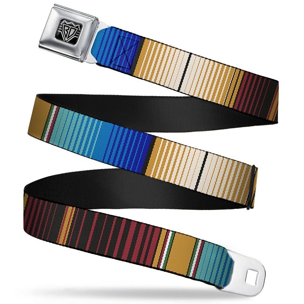5445 Seatbelt Belt - Zarape6 Vertical Stripe Gold/Blues/Black/Red - 1.0"